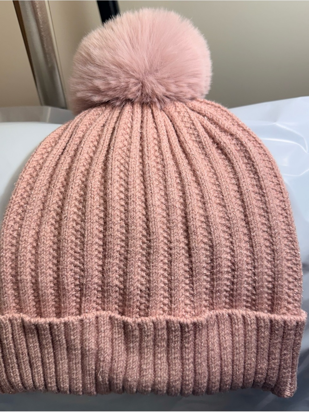 Vince Camuto Blush Pink Ribbed Pom Beanie